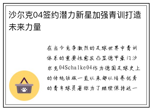 沙尔克04签约潜力新星加强青训打造未来力量